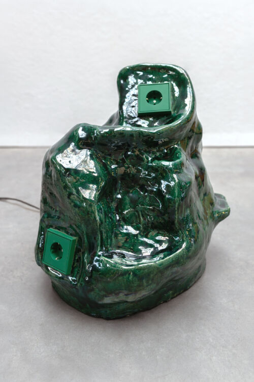dark green glazed ceramic multiplug with two sockets by dutch invertuals
