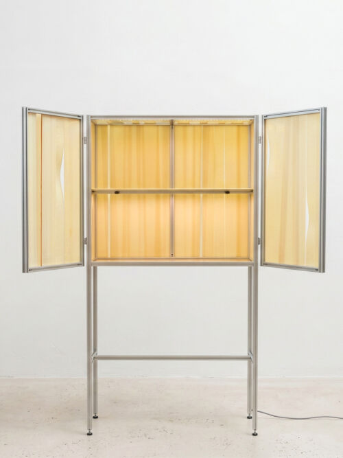 opened butter honey yellow slumped glass cabinet with aluminium extrusion profile frame design by dutch invertuals