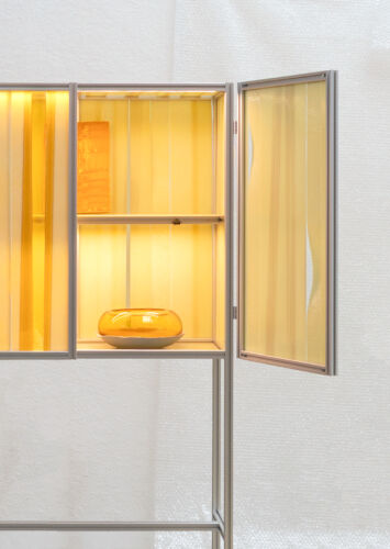 detail opened butter honey yellow slumped glass cabinet with aluminium extrusion profile frame design by dutch invertuals with objects